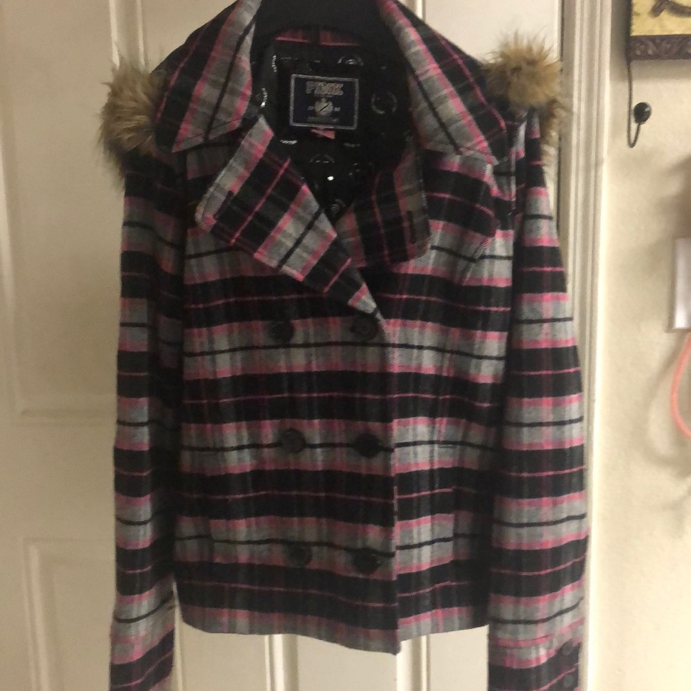 Pink checkers double breasted w hood coat